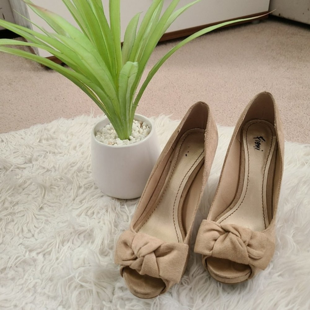 Nude suede open toe heels with bow
